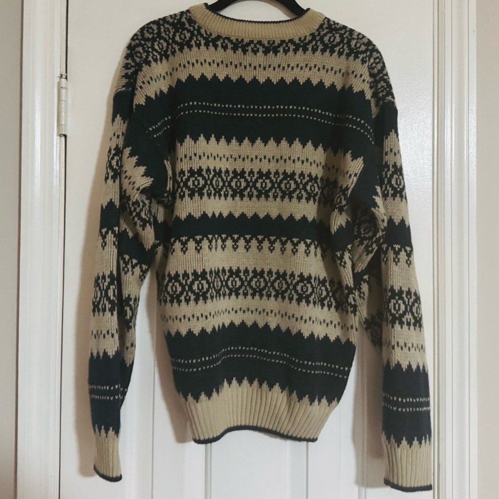👑 VINTAGE SIZE L Men's Patterned Crewneck Sweater - Black and Cream - Picture 8 of 9